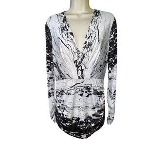 Bebe Black & White Marble Print Ruched Long Sleeve Shirt Size Large Y2K Sexy Top